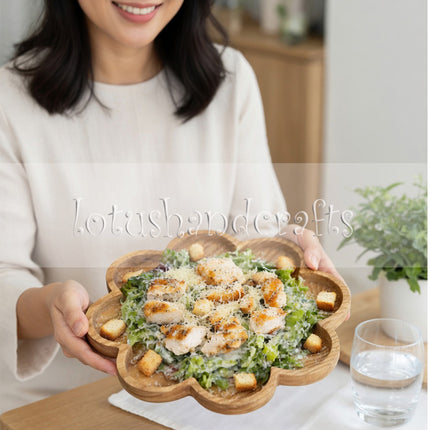 Cosmos flower shaped wooden serving platter made from natural wood and safe for everyday use.
