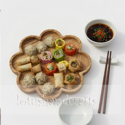 Cosmos flower shaped wooden serving platter with durable craftsmanship for beautiful everyday use.