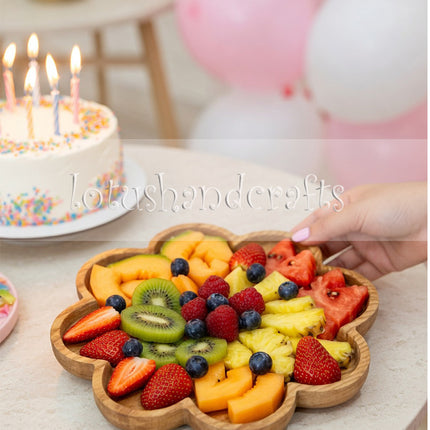 Cosmos flower shape wooden serving platter with a smooth surface that is easy to clean.