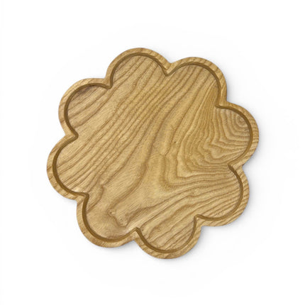 Cute cosmos flower shaped wooden serving platter for coffee, snacks, desserts, and cozy home decor.