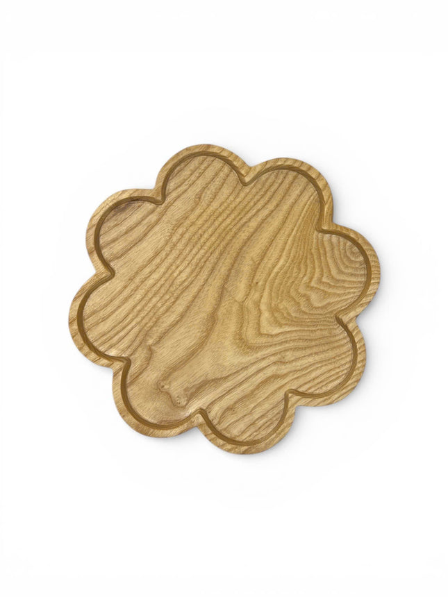 Cute cosmos flower shaped wooden serving platter for coffee, snacks, desserts, and cozy home decor.