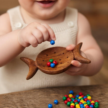 Handcrafted wooden Crescent Moon Magic strainer, easy for small hands to hold.