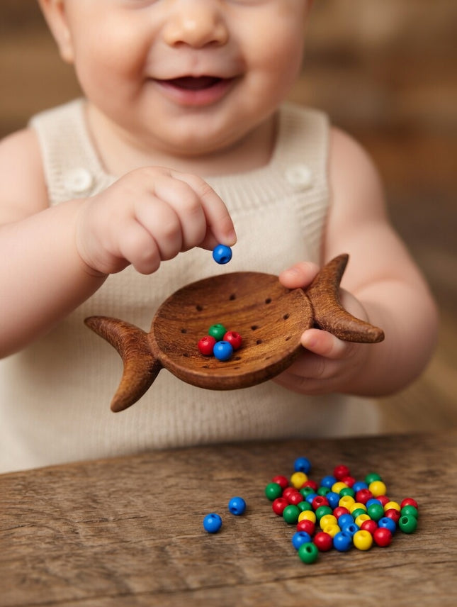 Handcrafted wooden Crescent Moon Magic strainer, easy for small hands to hold.