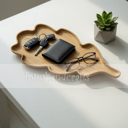 Handcarved ashwood oak leaf serving tray for coffee, snacks, desserts, and beautiful home decor.