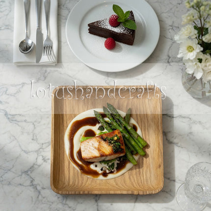 Handcarved ashwood square serving plate with high durability for elegant everyday dining and serving.