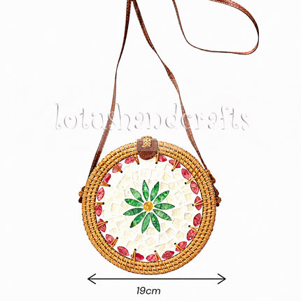 Green Daisy Round Rattan Crossbody Bag with Inlaid Mother of Pearl Details and Size.