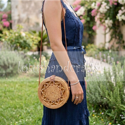 Elegant boho rattan shoulder purse for women with a round handwoven straw beach design.