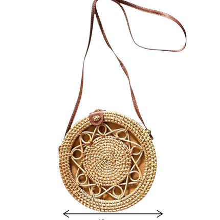 Boho round handwoven rattan shoulder purse for women with stylish beach bag design and size options.