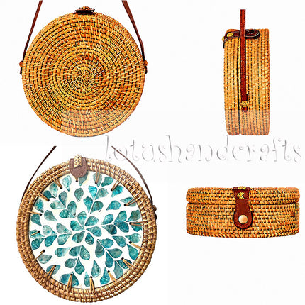 Cute boho rattan bag with mother of pearl inlay.