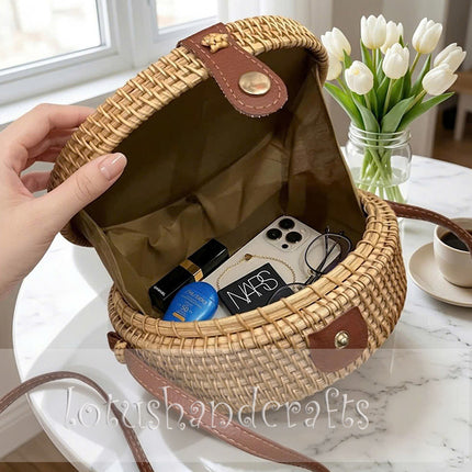 Handicraft braided mandala round rattan crossbody bag with an intricate and elegant design.
