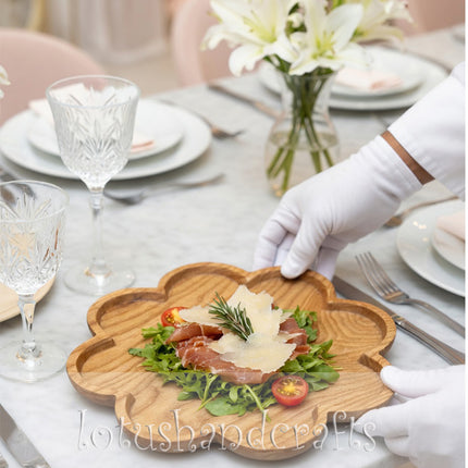 Cosmos flower shaped wooden serving platter perfect for elegant food plating and cozy table styling.