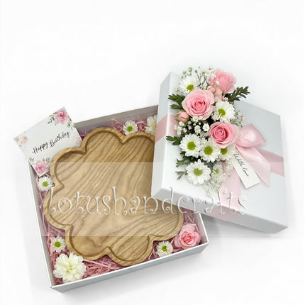 Cosmos flower shaped wooden serving platter for coffee, desserts, home decor, and thoughtful gifts.