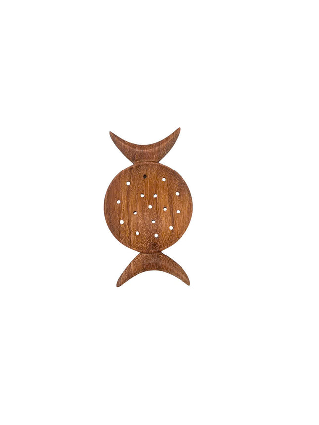 Handcrafted wooden crescent moon magic strainer for tea, sensory play, and daily use.