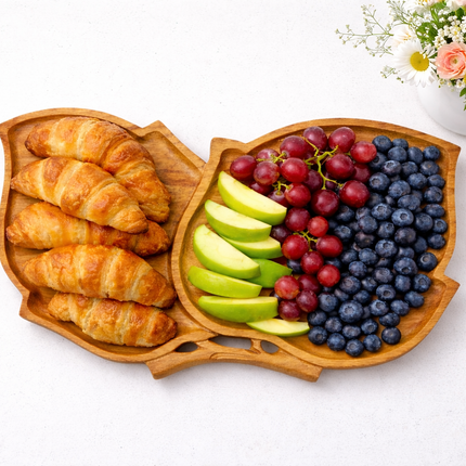 Handcrafted double leaf shaped wooden serving tray that is safe for users.
