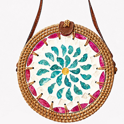 Handcrafted Wicker & Rattan Crossbody Bag with Blue Pink Shell Mandala Inlay and Mother of Pearl Floral Mosaic.