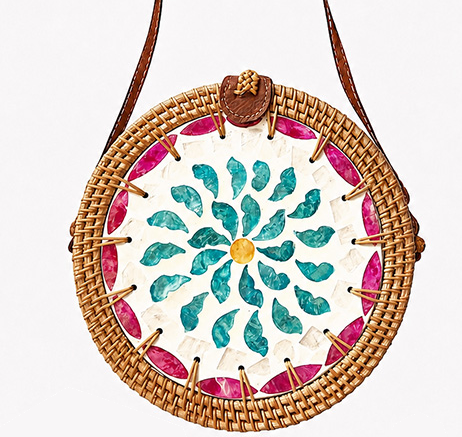 Handcrafted Wicker & Rattan Crossbody Bag with Blue Pink Shell Mandala Inlay and Mother of Pearl Floral Mosaic.