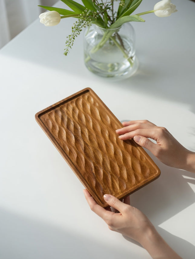 Flowing wave wooden serving tray board with an artistic and elegant handcrafted design.