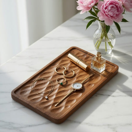 Flowing wave wooden serving tray board made from natural wood for elegant use.