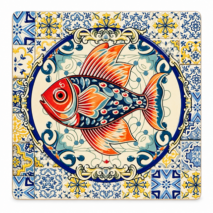 A charming golden tilefish illustration with intricate scales and flowing fins creates a delightful focal point, bringing ocean-inspired beauty to this square ceramic coaster.