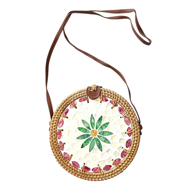 Cute green daisy round rattan crossbody bag with inlaid mother of pearl straw purse.