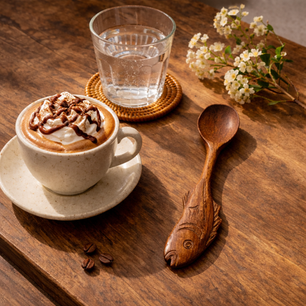 Cute hand carved wooden fish spoon made from natural wood, simple, durable, and perfect for everyday use.