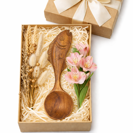 Cute hand carved wooden fish spoon makes a meaningful and unique gift for kitchen lovers and handmade enthusiasts.