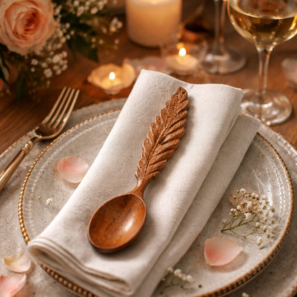 A hand carved leaf shaped wooden spoon adds natural charm and serves as a beautiful decor piece for any space.