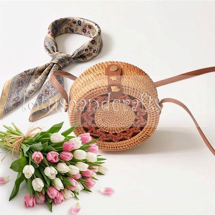 Handicraft braided mandala round rattan crossbody bag that complements any stylish outfit beautifully.