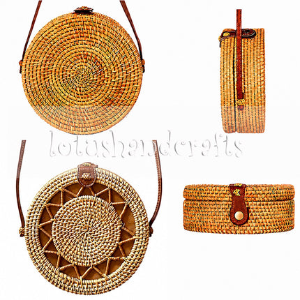 A unique handwoven round rattan crossbody bag for everyday boho style.