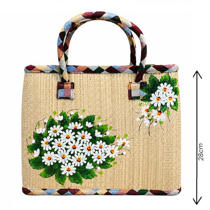 Woven seagrass tote bag with hand painted daisy design.