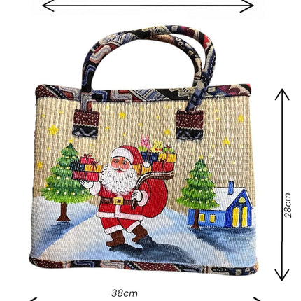 Handwoven seagrass tote bag with a Christmas gift painting, size.