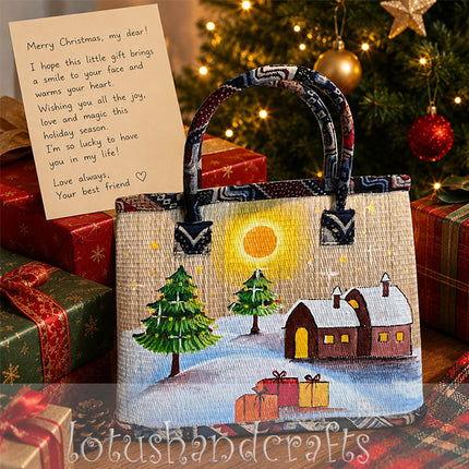Handmade woven seagrass tote bag with a charming snowy Christmas village painting.