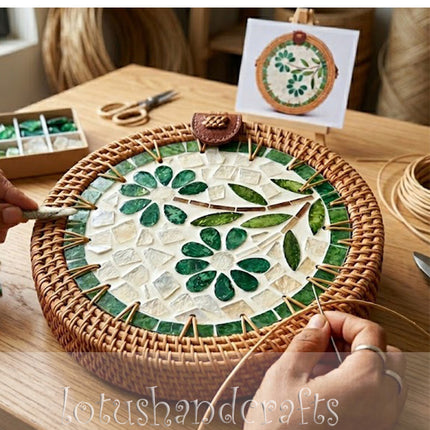 Jade Petal Mosaic Round Rattan Crossbody Bag with Mother of Pearl for a Fresh and Youthful Style.