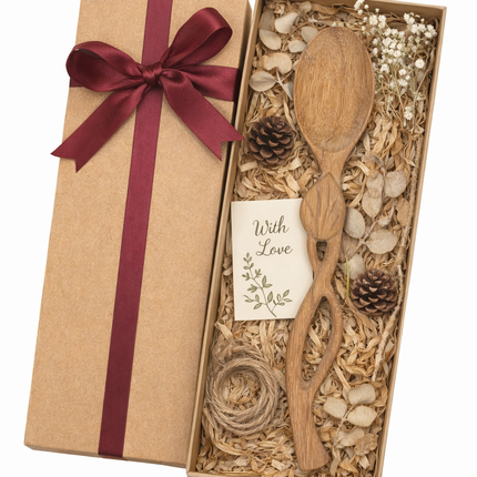 Handcrafted leaf handle wooden spoon makes a meaningful gift for everyday cooking and dining.