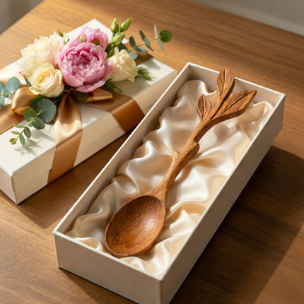 A cute handcrafted leaf shape wooden spoon makes a perfect meaningful gift for everyday use.