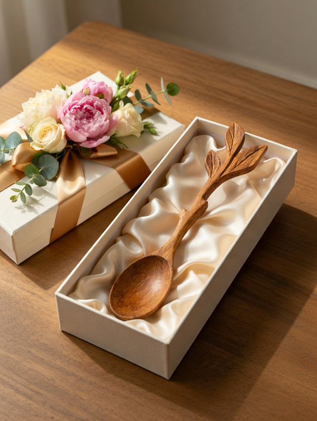 A cute handcrafted leaf shape wooden spoon makes a perfect meaningful gift for everyday use.