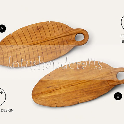 Handcarved wood leaf shape serving tray designed for convenient everyday use and natural presentation. 