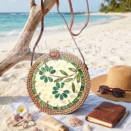 Jade Petal Mosaic Round Rattan Crossbody Bag with Mother of Pearl Accent for Elegant Style.
