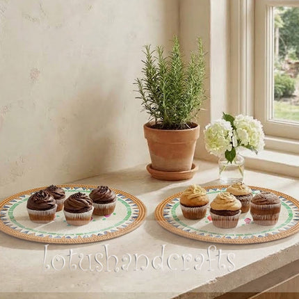 cute Mother of Pearl Rattan Round Tray, Serving Tray & Charger Plate with Fish Mosaic.