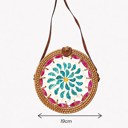 Mother of Pearl Floral Mosaic Round Rattan Crossbody Bag Size.