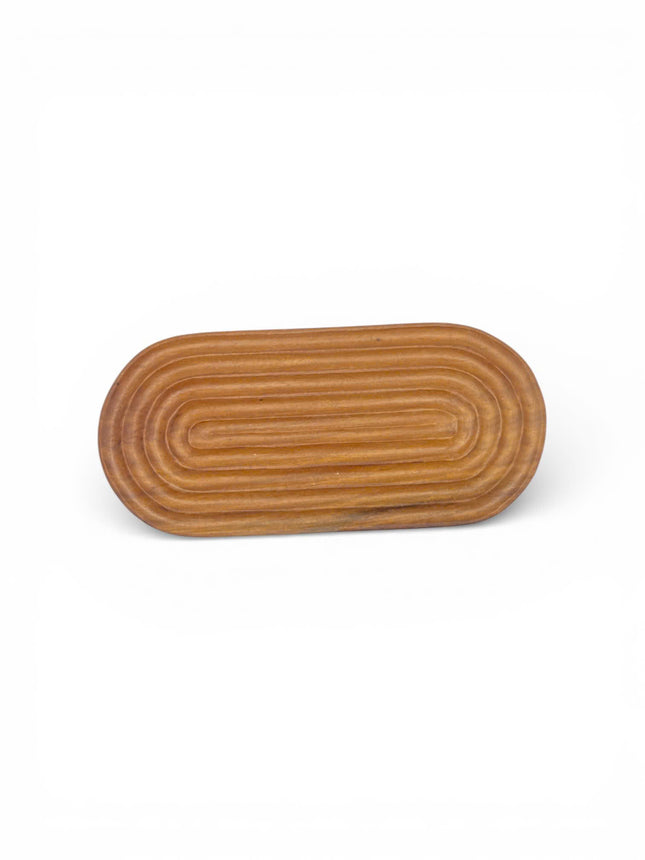 Small Ripple Oval Redwood Serving Tray crafted with smooth layered curves and warm natural wood grain elegance.