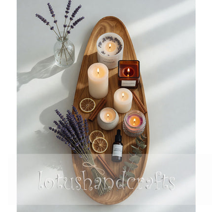 Flatlay of a handcrafted ashwood oval serving platter and tray for elegant everyday living.
