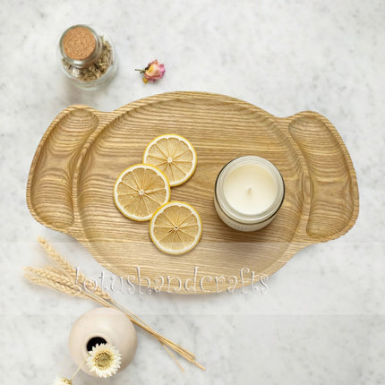 Handcarved chibi puppy shaped wooden serving tray, safe for everyday use and serving food.