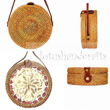 Lovely round rattan crossbody bag with inlaid mother of pearl style.