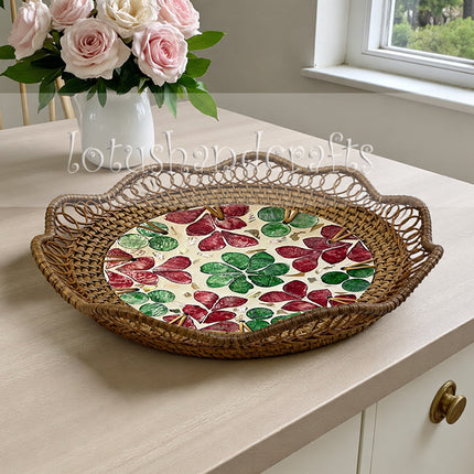 Rattan Tray with Pressed Botanical Leaf Mosaic Inlay by Lotushandcrafts.