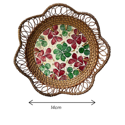 Handwoven Cute Rattan Tray with Pressed Botanical Leaf Mosaic Inlay.