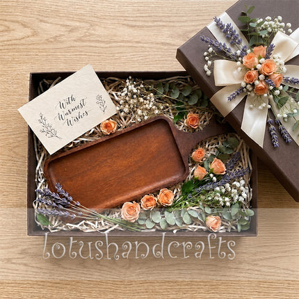 Rectangular redwood serving tray with handles for gifts and elegant everyday home serving.