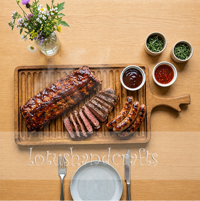 Rectangular wavy redwood serving tray with handles, smooth finish, and easy to clean surface.