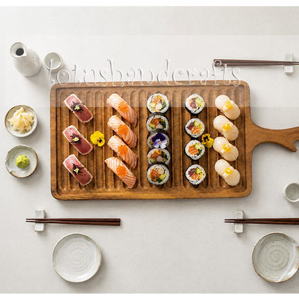 Rectangular wavy redwood tray with handles crafted for elegant serving and safe everyday use.