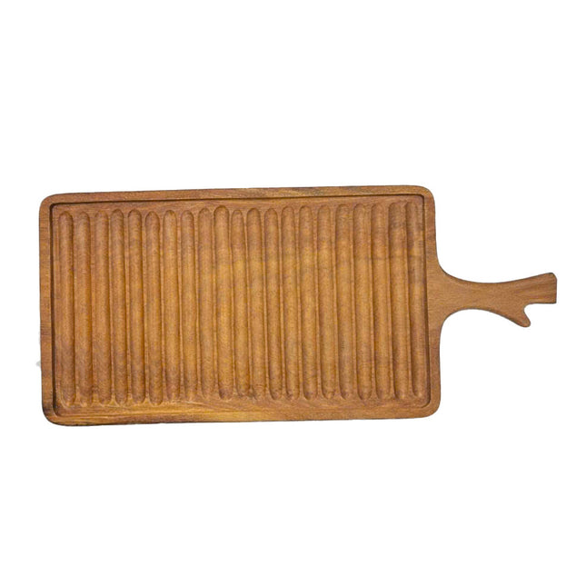 Cute rectangular redwood serving tray with wavy handles for elegant snacks and cozy gatherings.